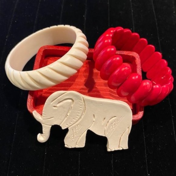 Vintage Jewelry - VTG Carved Ivory Bangle and Red Marble Bracelet